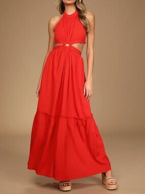 Lulus Red Cutout Halter Maxi Dress | Resort Vacation Wedding Guest Summer NWT